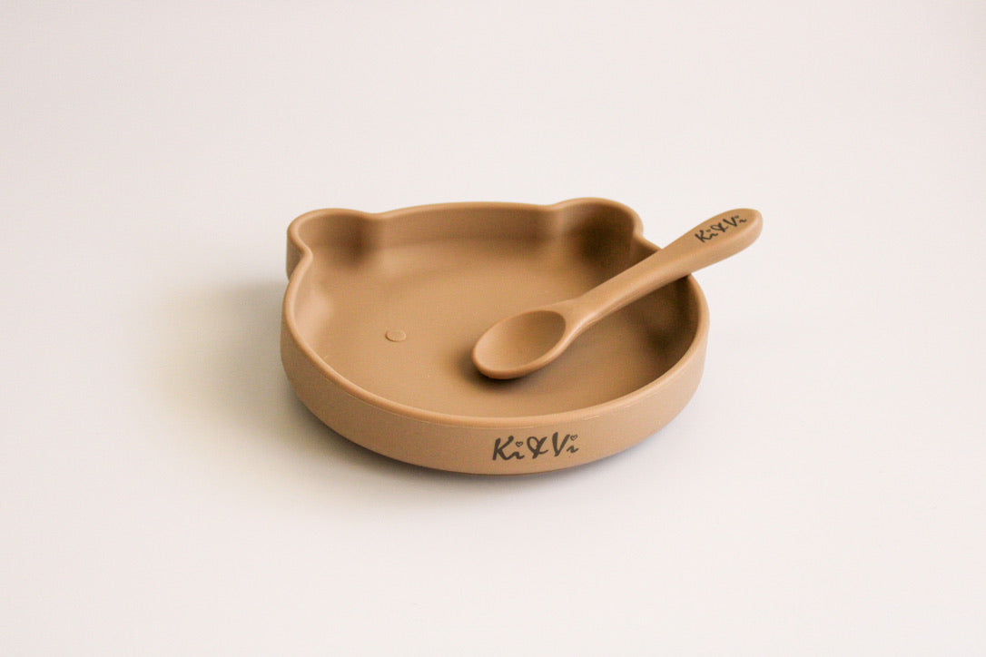 My Teddy Plate and Spoon in Taupe & Spice Pumpkin