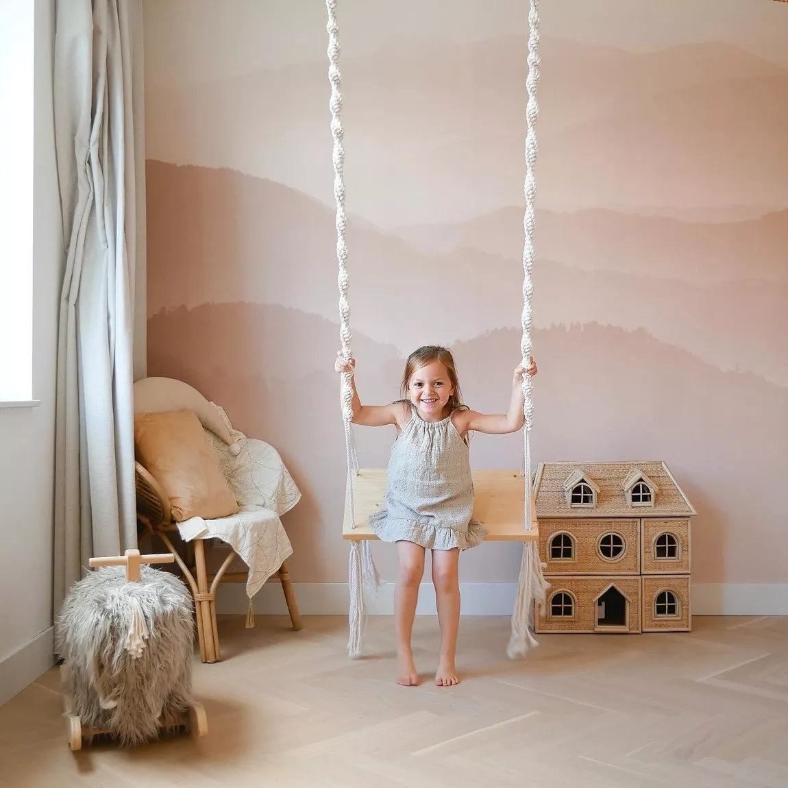 Macrame wooden swing for children and adults
