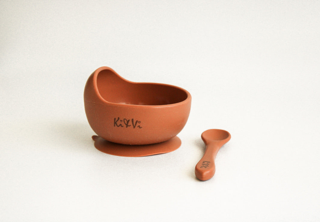 My First Bowl & Spoon in Taupe & Spice Pumpkin