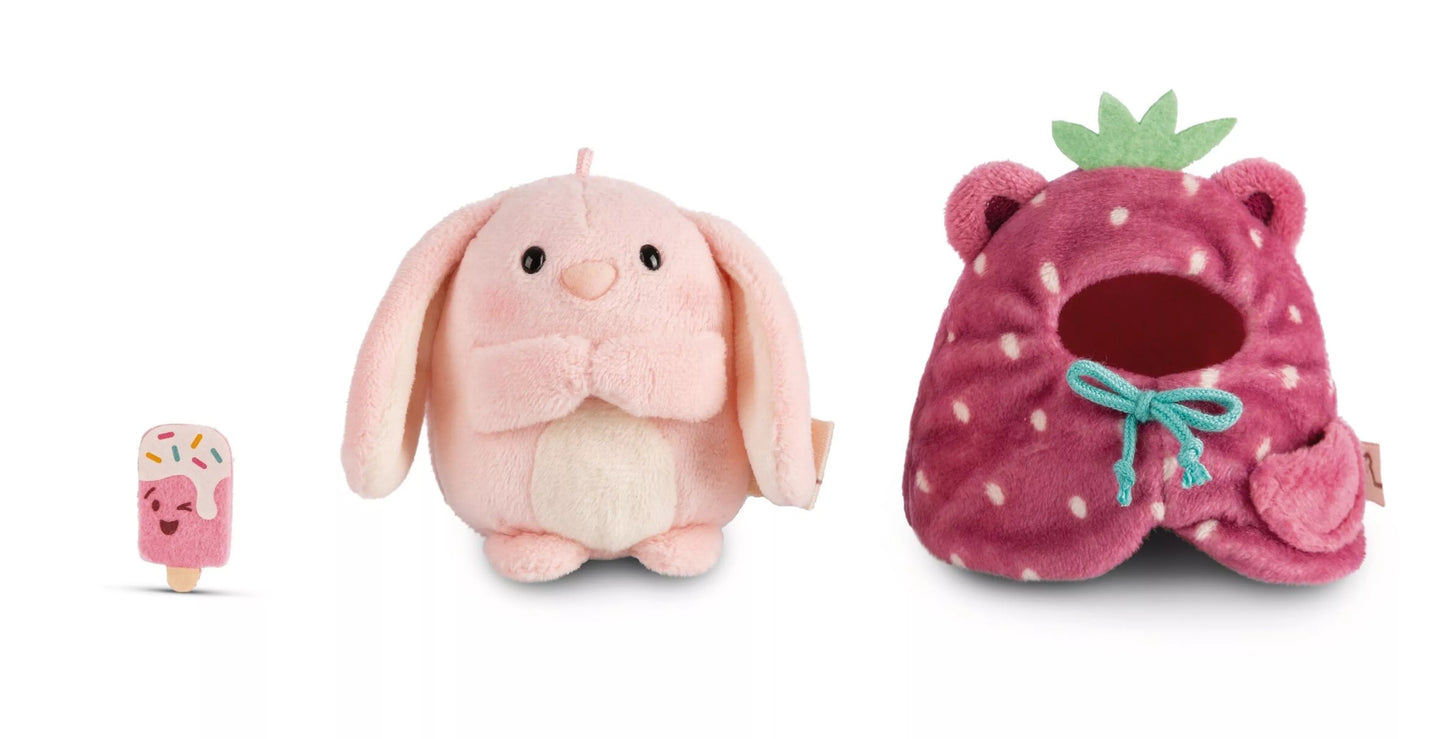 Set of cuddly toy rabbit Pibu 8cm with soft ice cream and strawberry costume in a gift box 8.5x6.5x10cm