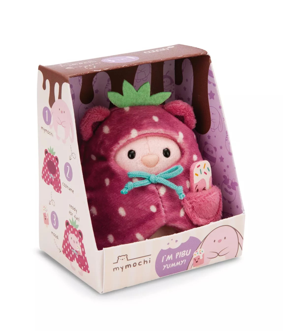 Set of cuddly toy rabbit Pibu 8cm with soft ice cream and strawberry costume in a gift box 8.5x6.5x10cm
