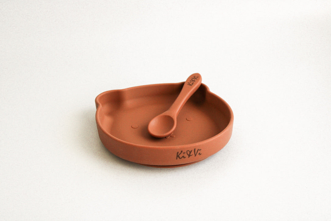 My Teddy Plate and Spoon in Taupe & Spice Pumpkin