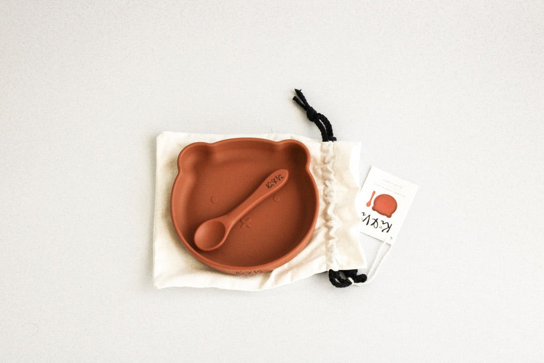 My Teddy Plate and Spoon in Taupe & Spice Pumpkin