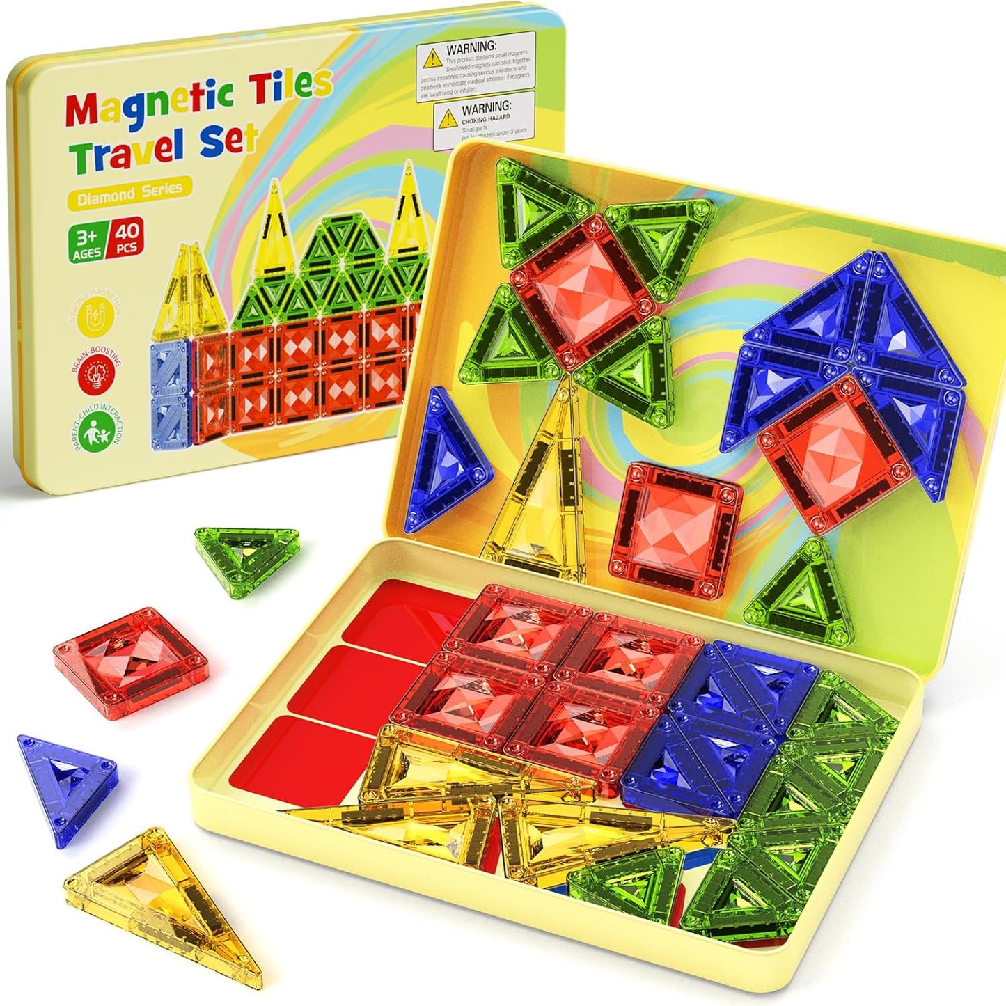 Diamond Mini Magnetic Building Blocks Travel Toy, 40 Pieces Magnetic Travel Toy with Metal Box