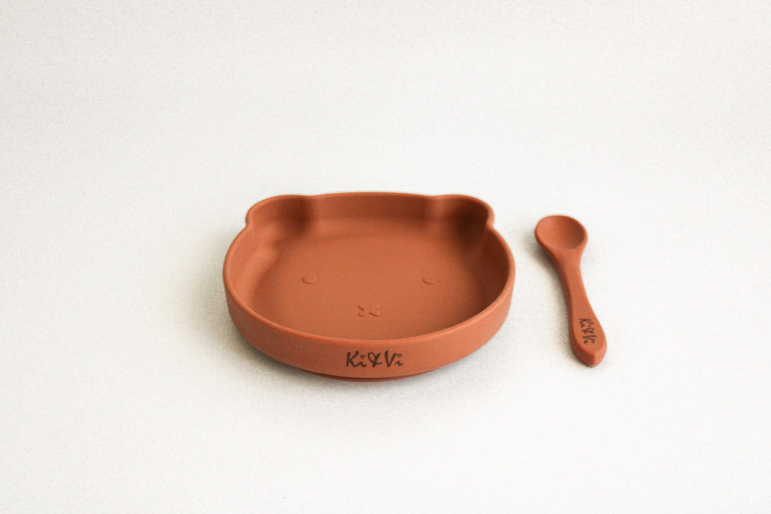 My Teddy Plate and Spoon in Taupe & Spice Pumpkin