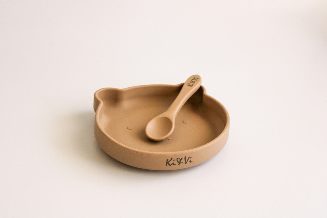 My Teddy Plate and Spoon in Taupe & Spice Pumpkin