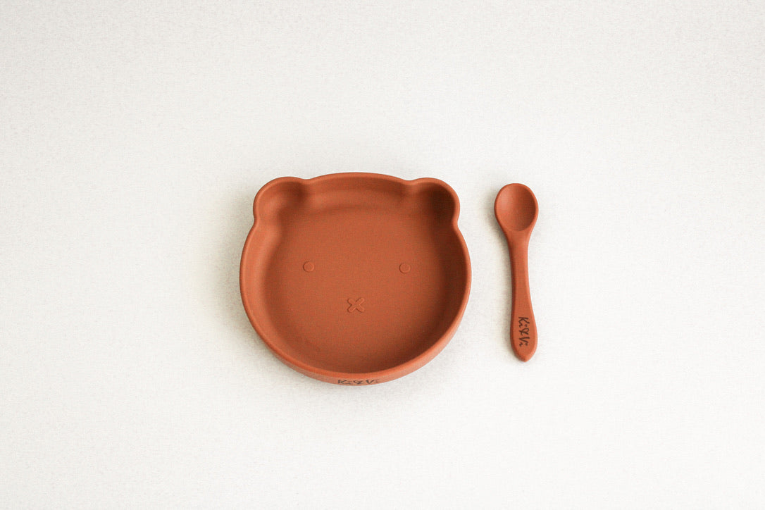 My Teddy Plate and Spoon in Taupe & Spice Pumpkin