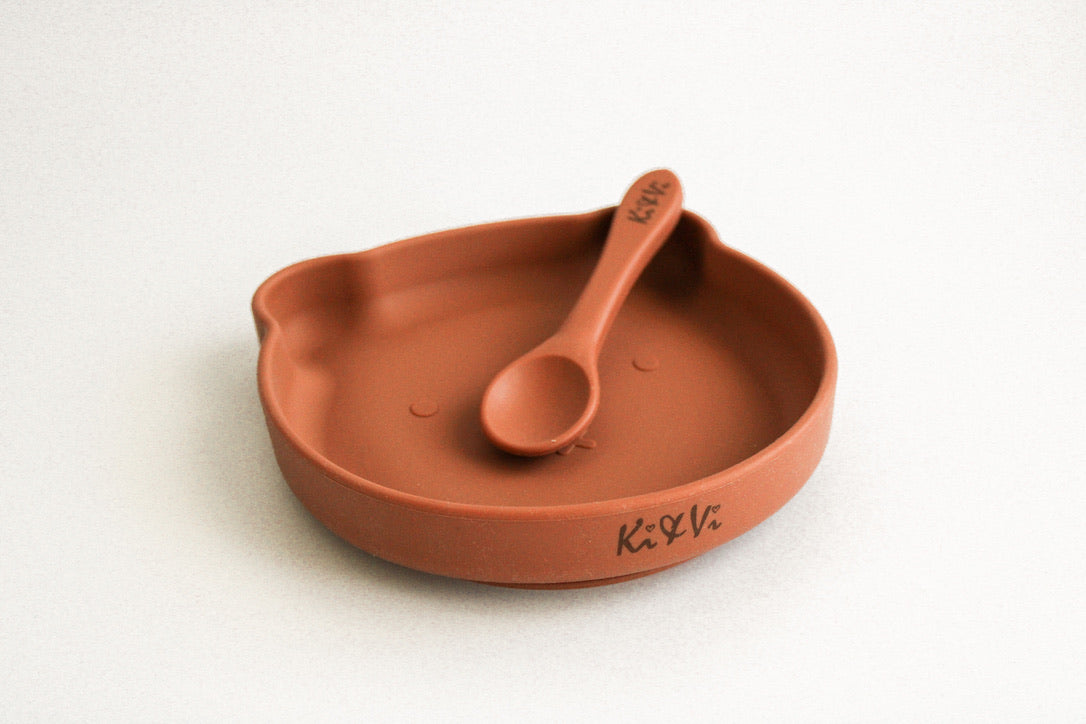 My Teddy Plate and Spoon in Taupe & Spice Pumpkin