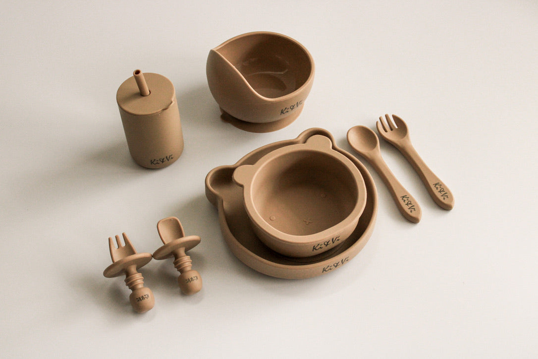 My Teddy Plate and Spoon in Taupe & Spice Pumpkin