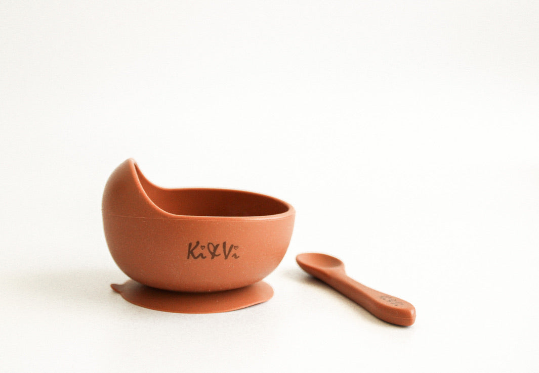 My First Bowl & Spoon in Taupe & Spice Pumpkin
