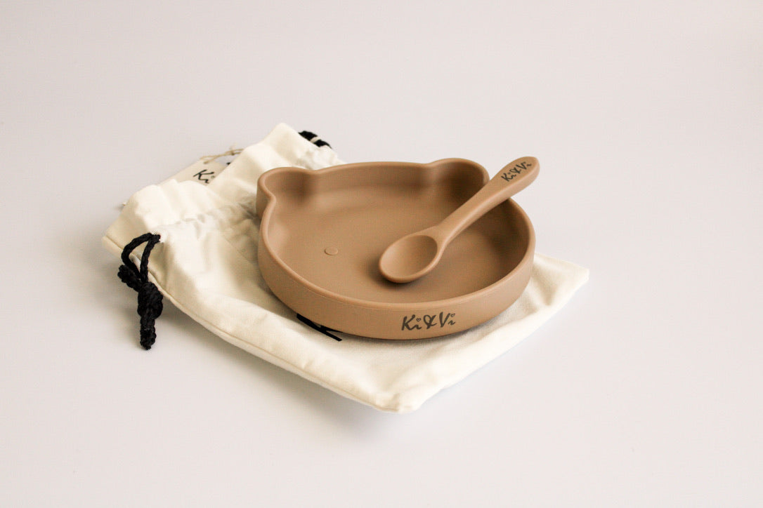 My Teddy Plate and Spoon in Taupe & Spice Pumpkin