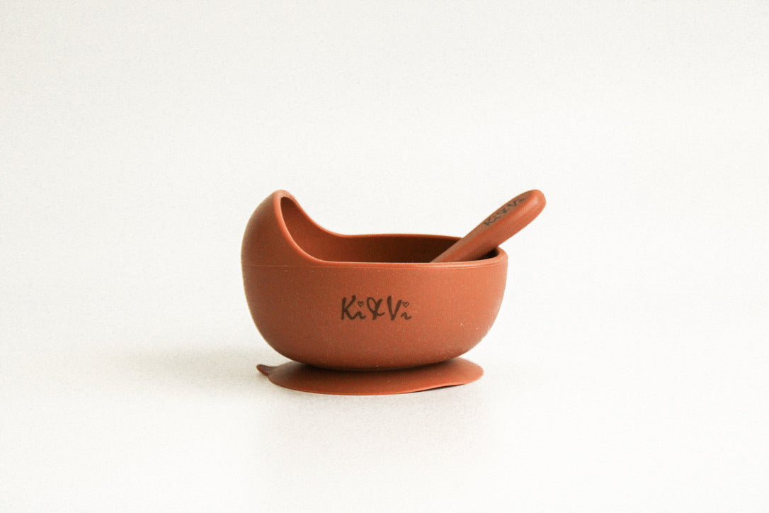 My First Bowl & Spoon in Taupe & Spice Pumpkin