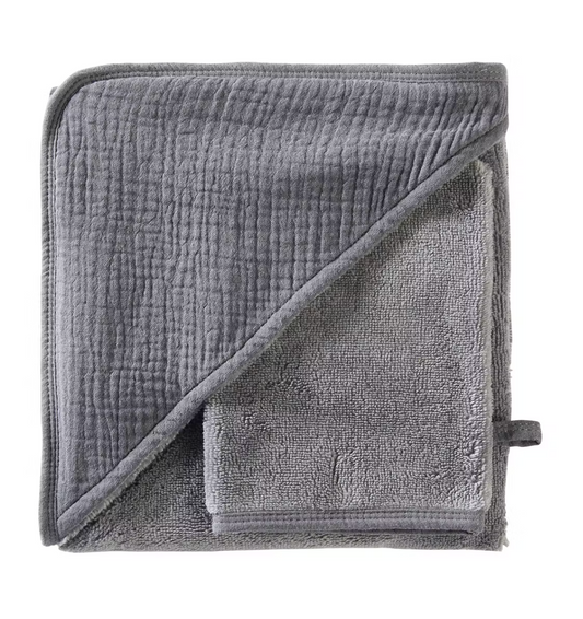 Bath cape + glove, bamboo & gauze in Hazelnut & Dove Gray