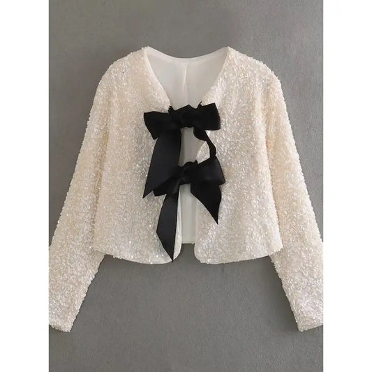 Bow Sequin Crop Jacket - ivory