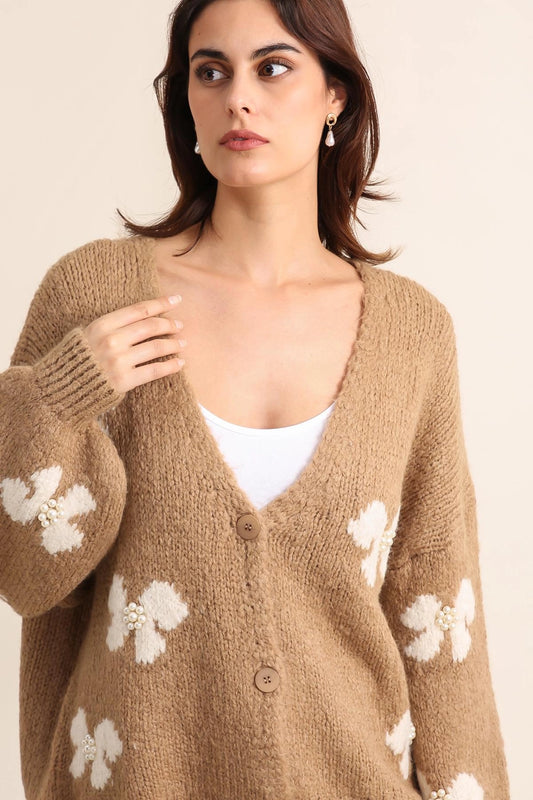 Knitwear Collection WS25 - Bowknot cardigan with pearls - Camel