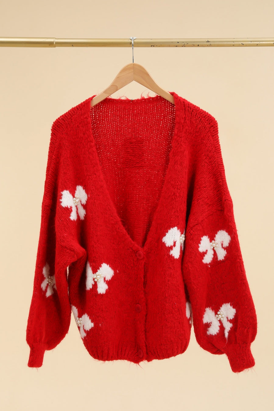 Knitwear Collection WS25 - Bowknot cardigan with pearls - Red