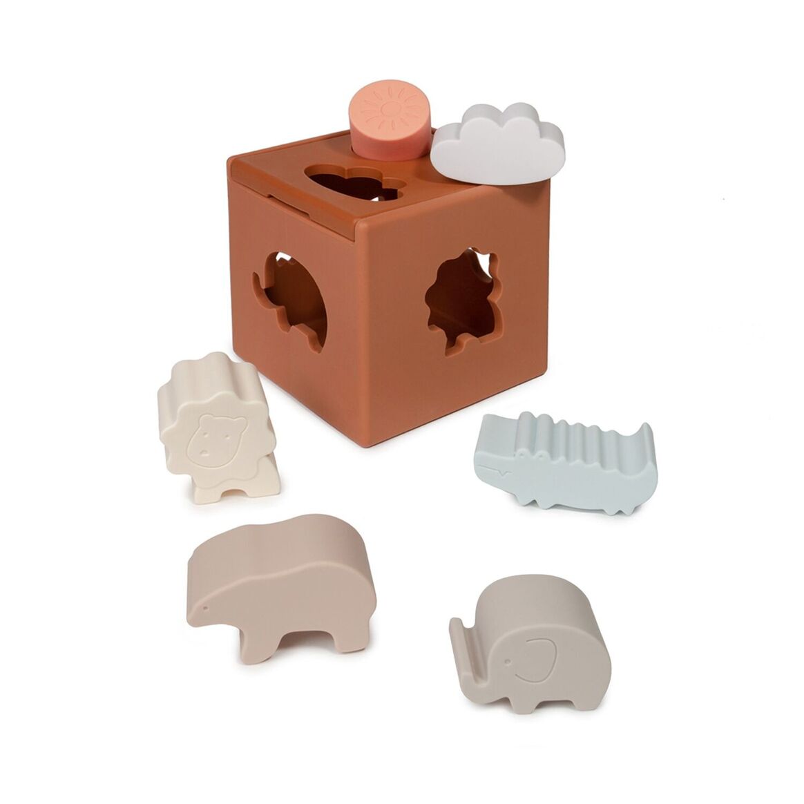 Activity silicone cube with forms and wooden sorting board