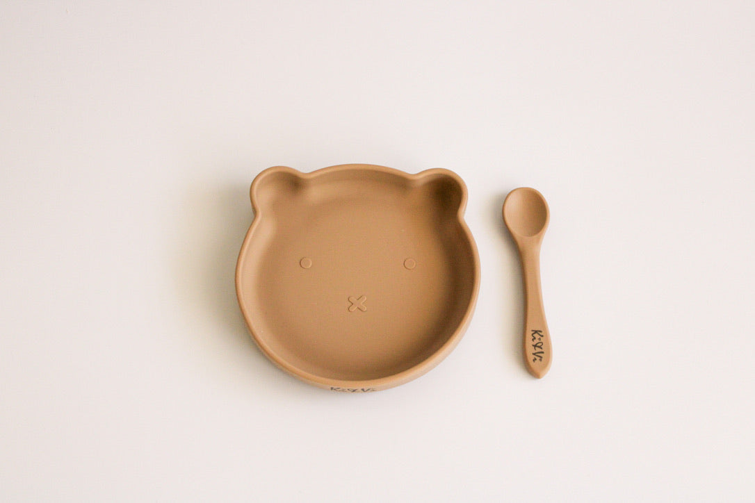 My Teddy Plate and Spoon in Taupe & Spice Pumpkin