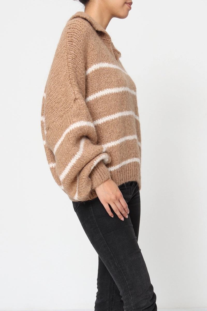 Knitwear Collection WS25 - Striped open collar sweater