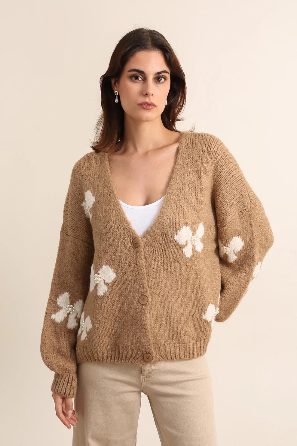 Knitwear Collection WS25 - Bowknot cardigan with pearls - Camel