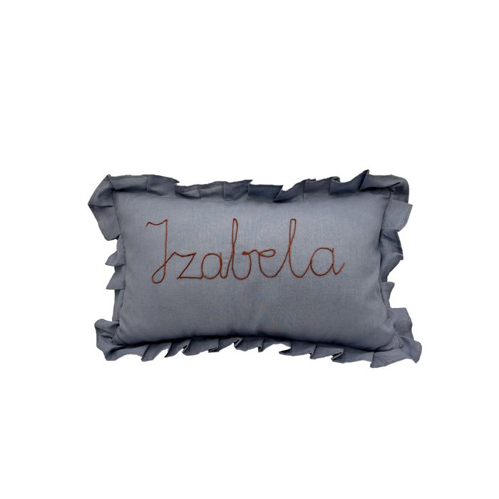 Ruffled linen pillow with a personalised embroidery - Blue