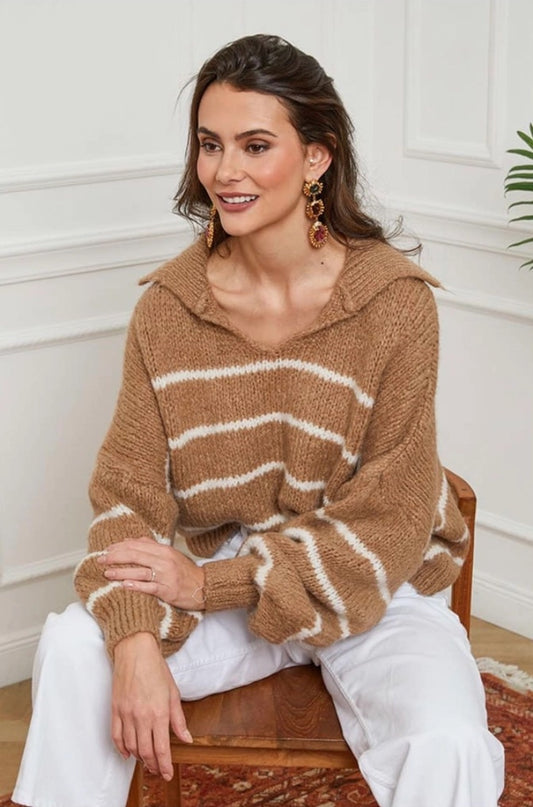 Knitwear Collection WS25 - Striped open collar sweater