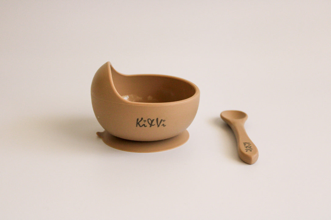 My First Bowl & Spoon in Taupe & Spice Pumpkin