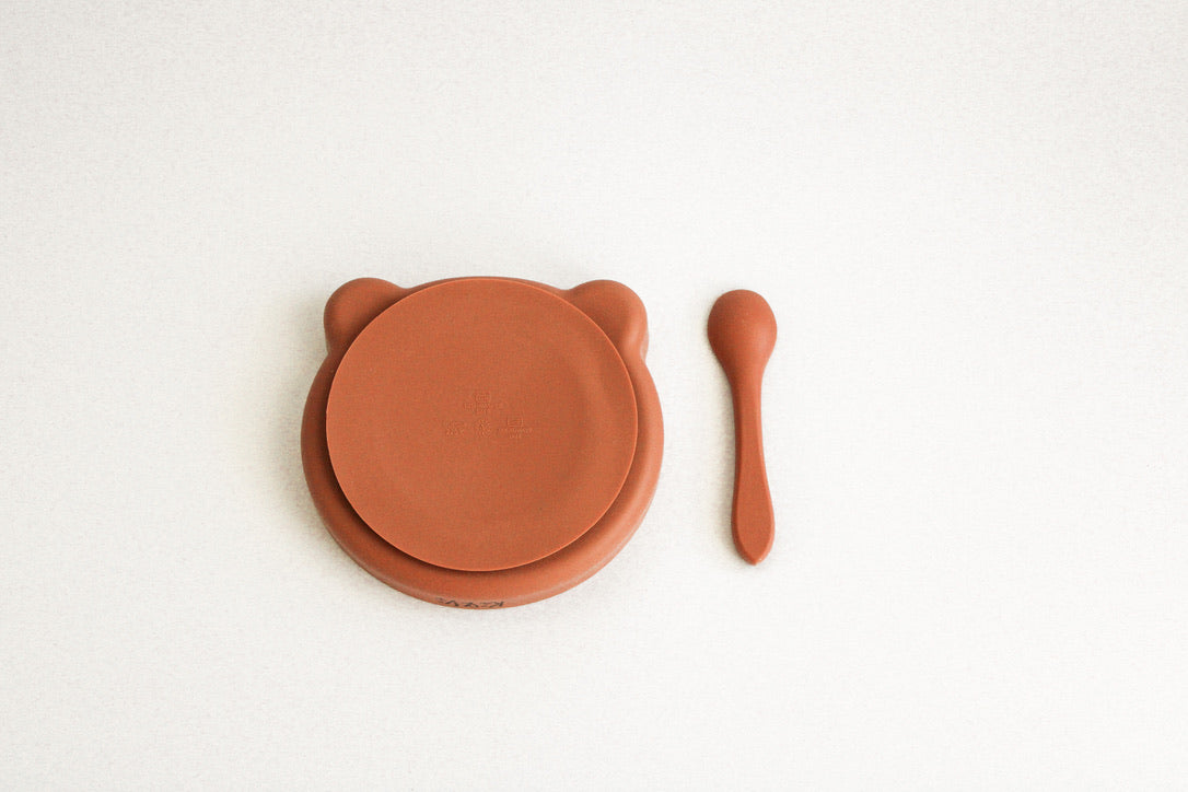 My Teddy Plate and Spoon in Taupe & Spice Pumpkin