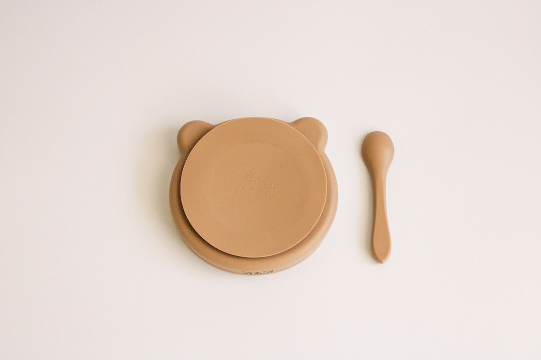 My Teddy Plate and Spoon in Taupe & Spice Pumpkin