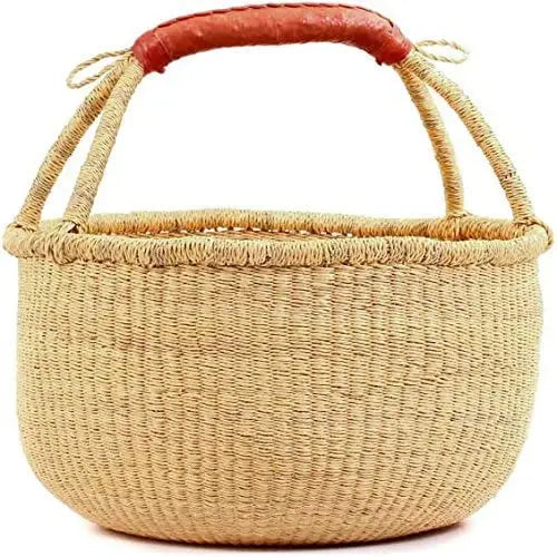 Handmade Natural Round basket with leather handle