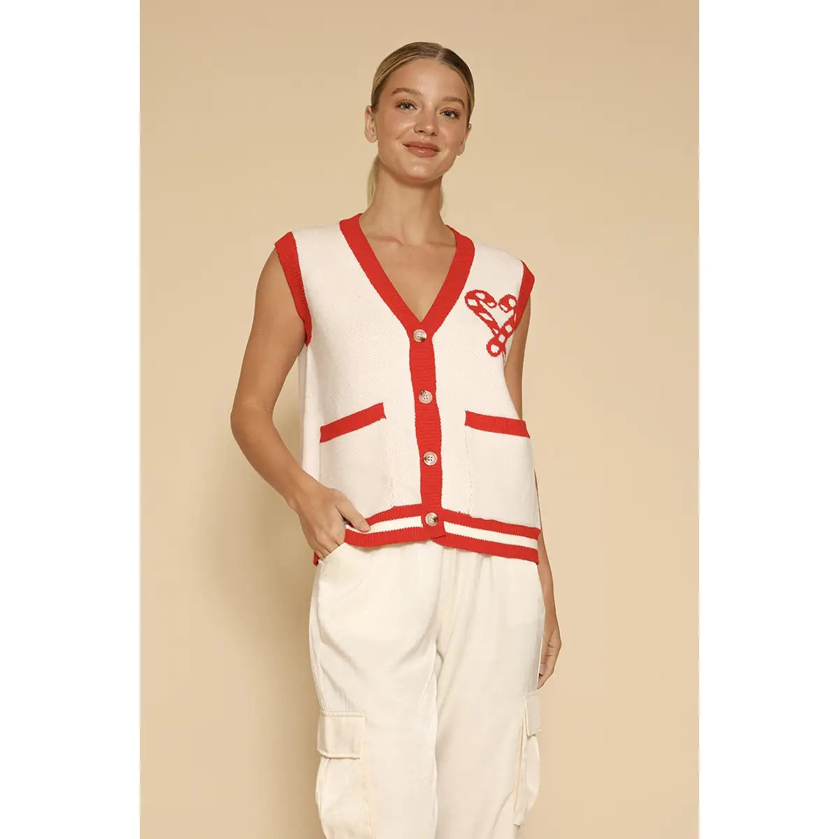 Candy Cane Knit Button Front Vest