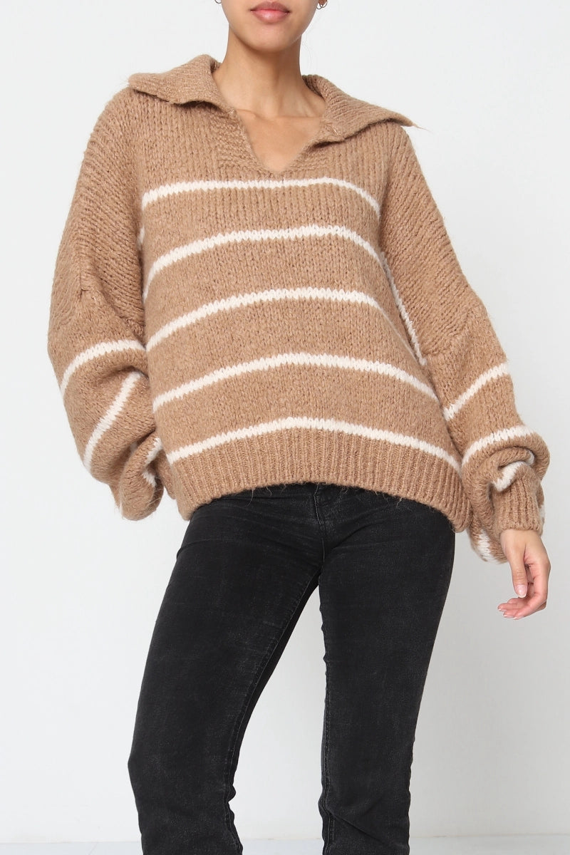 Knitwear Collection WS25 - Striped open collar sweater