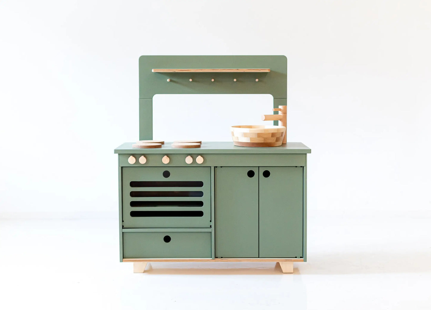 ZOE Dusty Green Wooden Play Kitchen + MIDMINI Plywood Tea Set for FREE